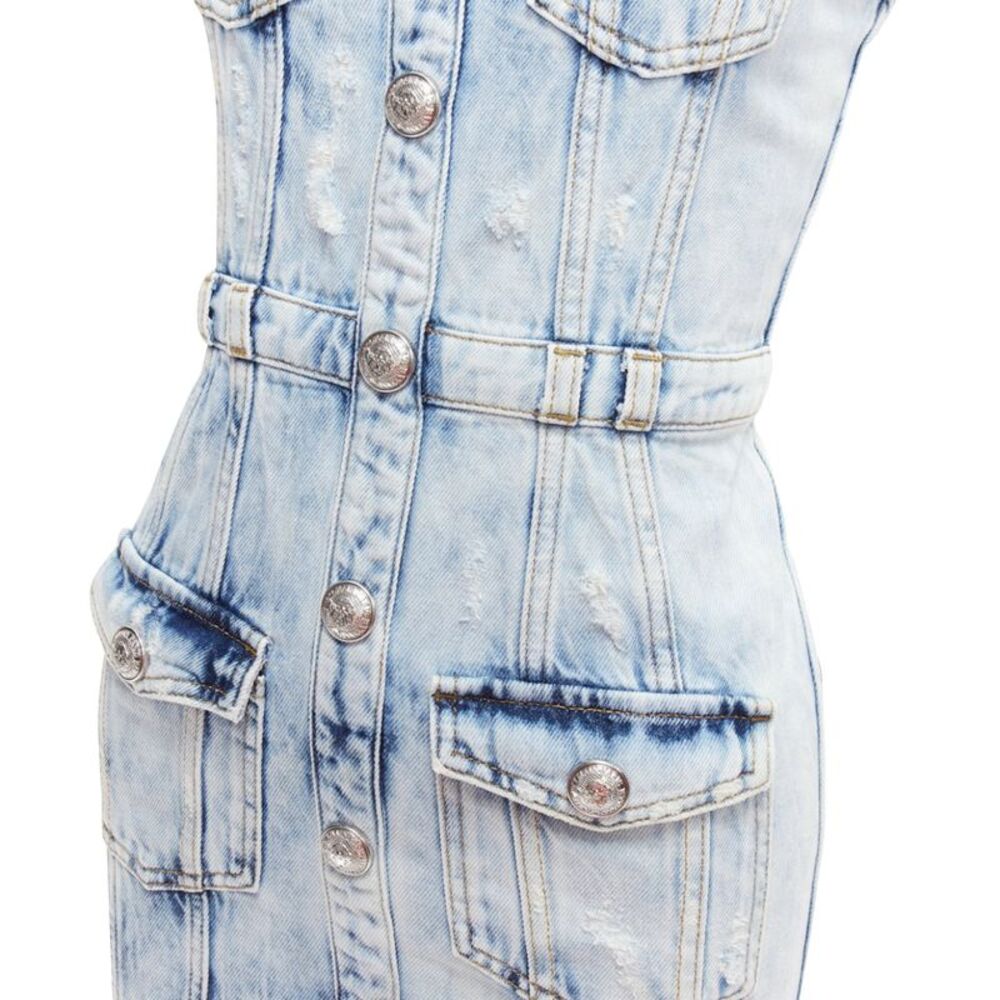 Balmain Distressed Denim Silver Buttons 4 Pocket Fitted Dress - Picture 2 of 6